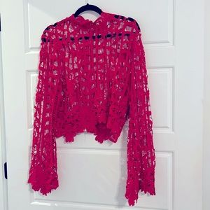 Bell Sleeve Crochet Cut-Out Pink Crop Top